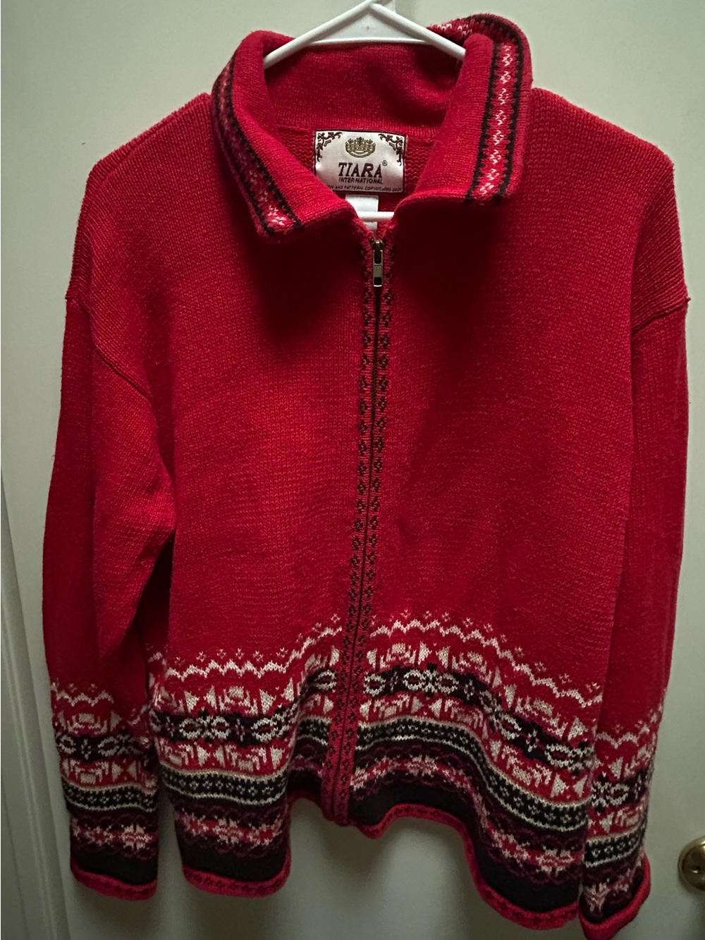 Vtg Tiara International Cardigan Sweater Full Zip Festive Fair Isle Nordic Sz L